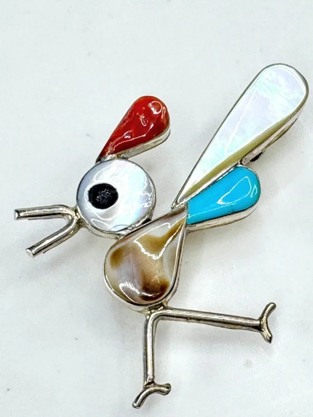 Vintage signed sterling inlay bird & hummingbird brooch pendant necklace JR1915